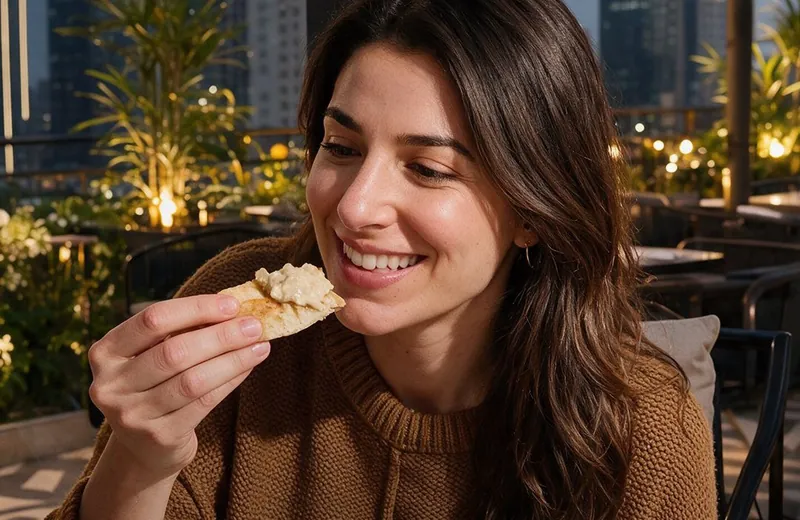Middle of the table: Hummus, warm pita, good company