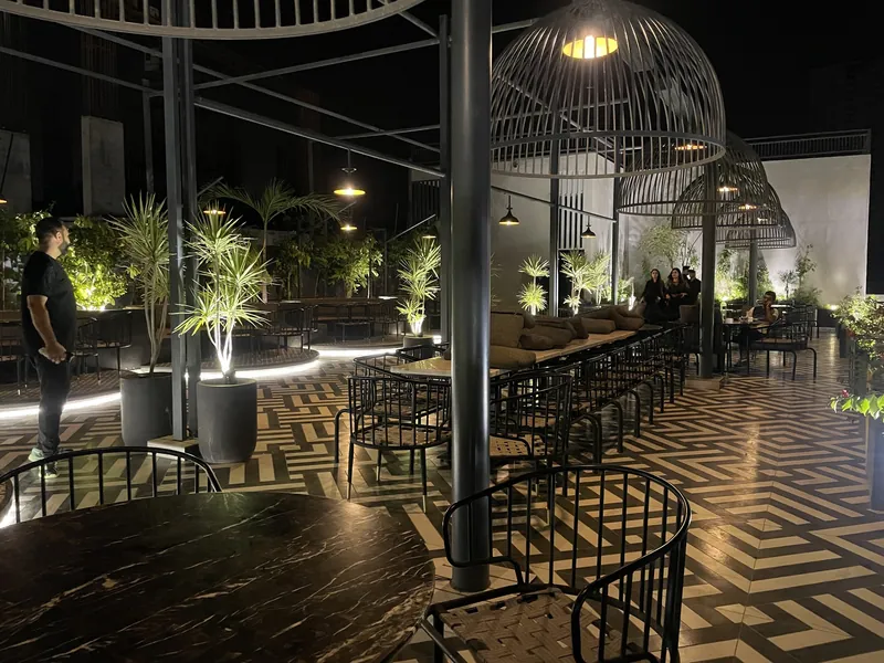 Birdcage Hall: Cage pendants, zig-zag floors